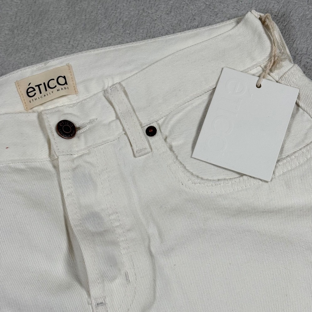Etica Amis Mid Rise Boy Bootcut Jeans Vintage White Distressed Raw Hem Size 27